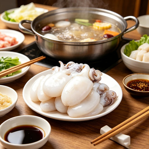 Small cuttlefish simmering in a hot pot broth with vegetables and chopsticks