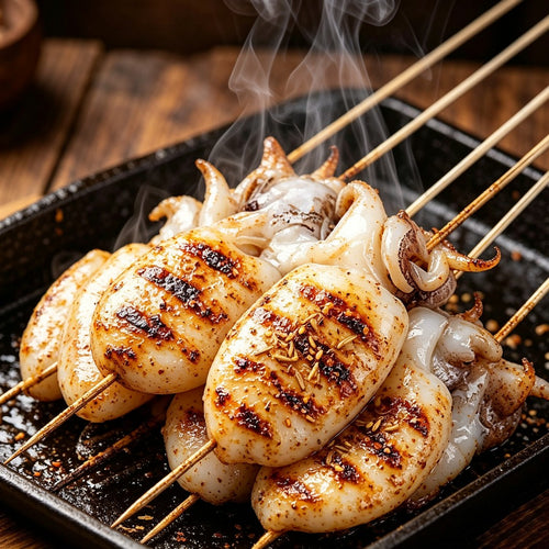 Whole baby cuttlefish threaded on skewers grilling over charcoal