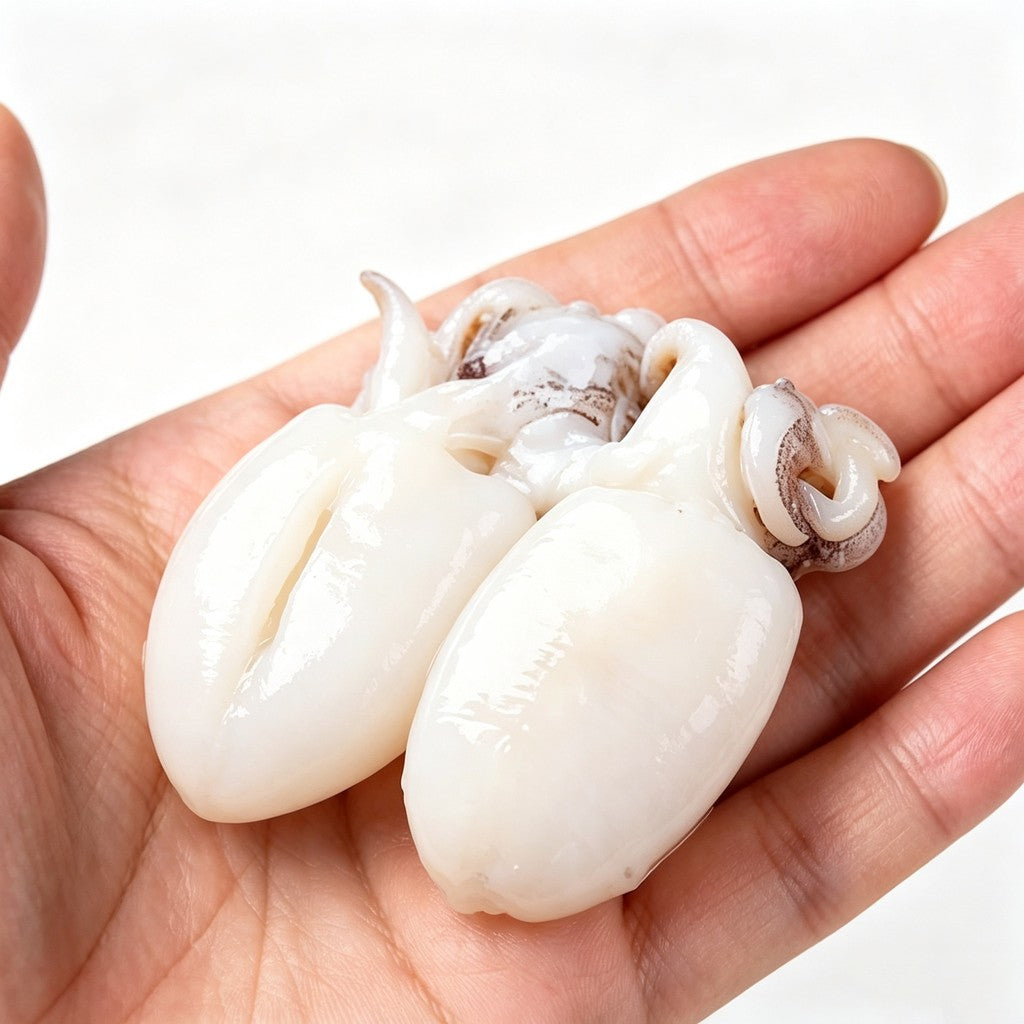 Hand holding two cleaned whole baby cuttlefish with glossy white flesh