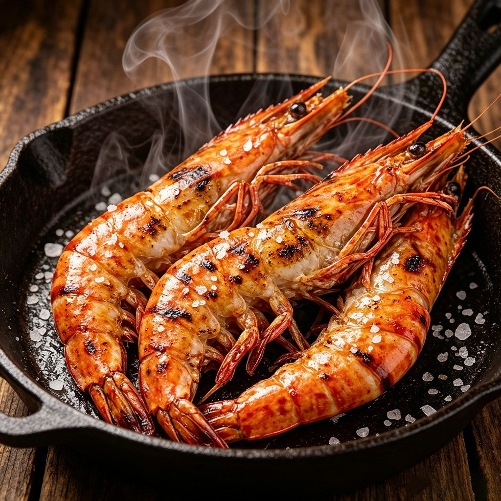 Grilled tiger prawns sizzling in a cast iron skillet with sea salt