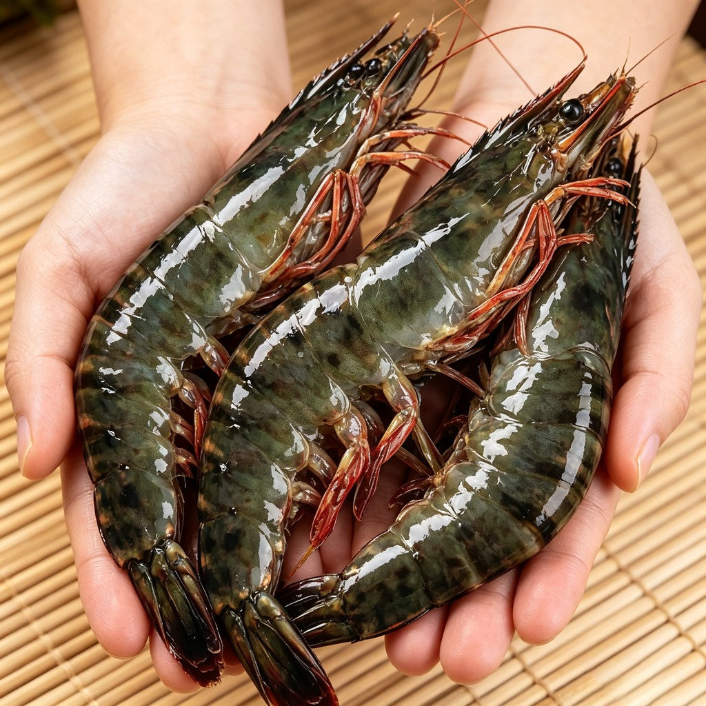Raw whole tiger prawns with banded shells held in a hand