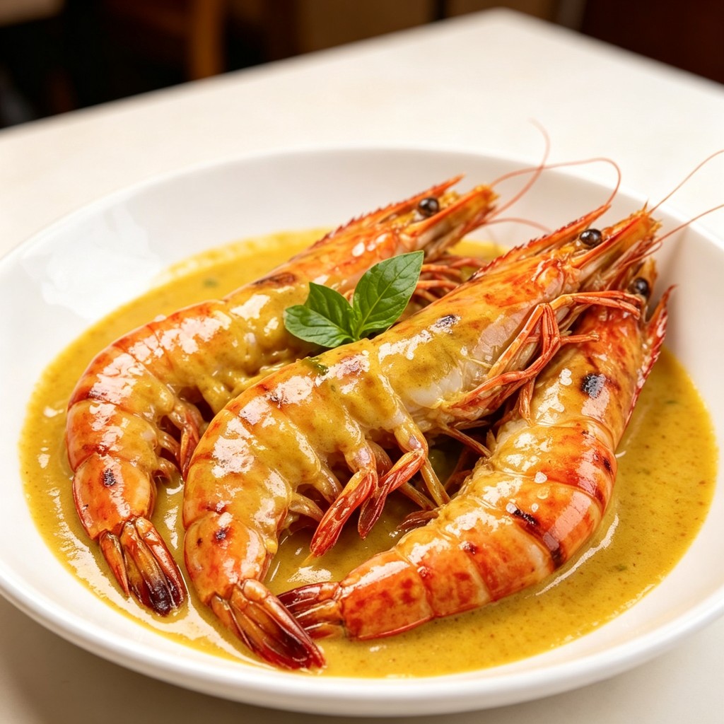 Tiger prawns simmered in a golden curry sauce in a white bowl