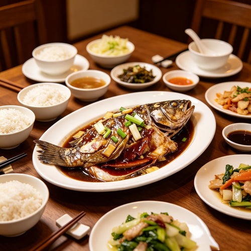 Braised whole reef fish in savoury sauce with spring onion and chilli