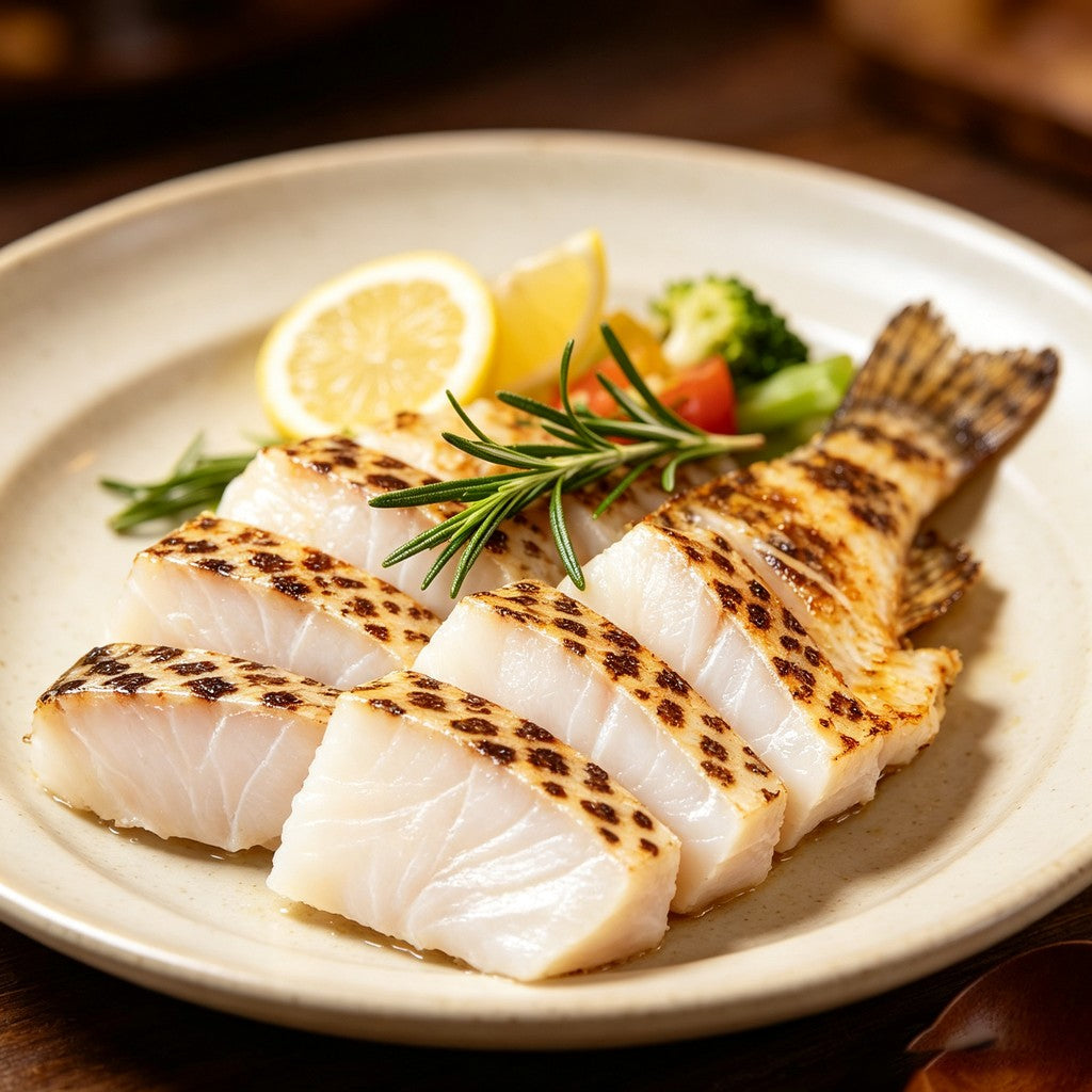 Seared grouper portions plated with lemon, rosemary and steamed greens