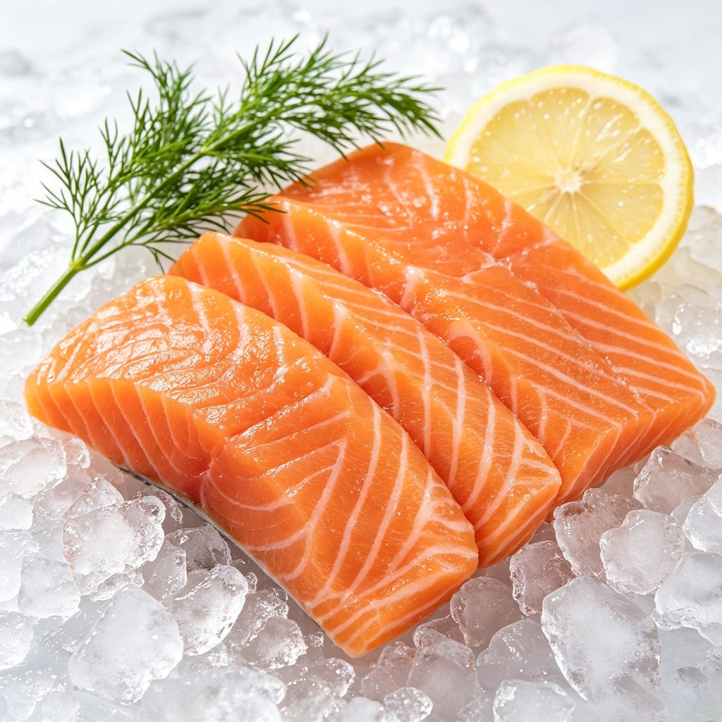 Raw salmon portions on crushed ice with dill and a lemon slice