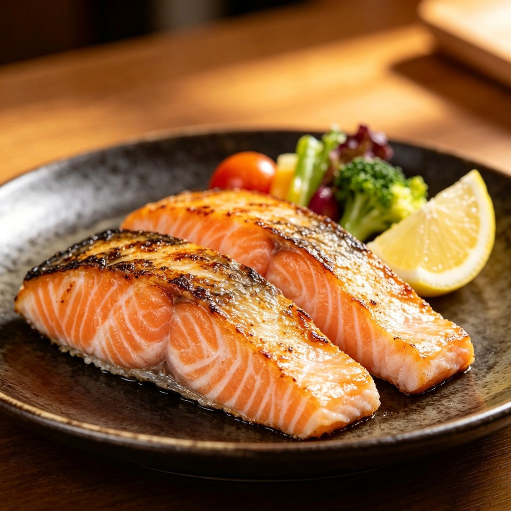 Seared salmon steak plated with cherry tomatoes and greens