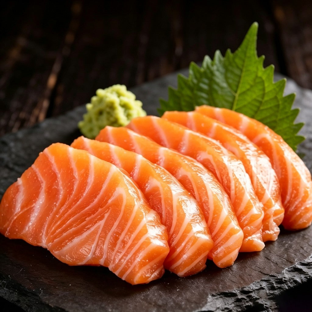 Sliced salmon sashimi arranged on a dark slate board