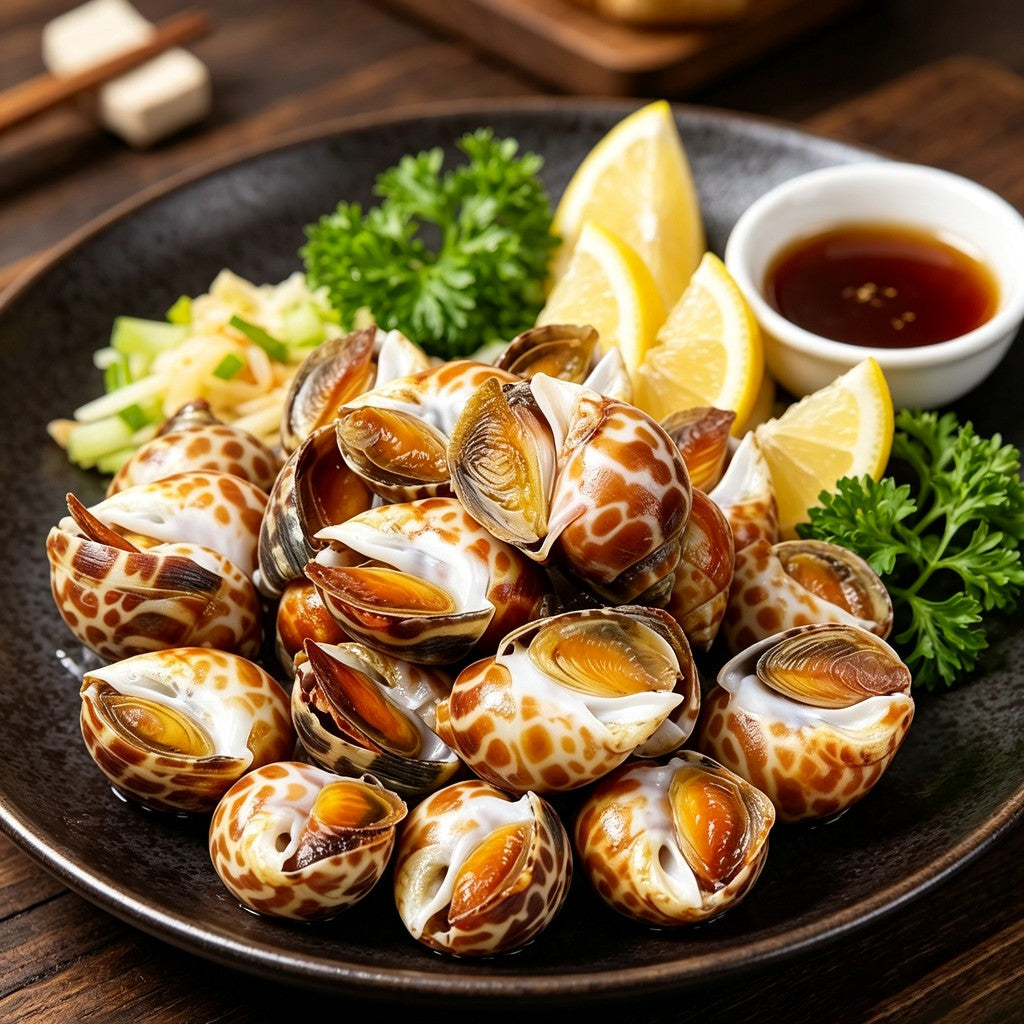 Spotted babylon snails plated with lemon wedges and fresh herbs