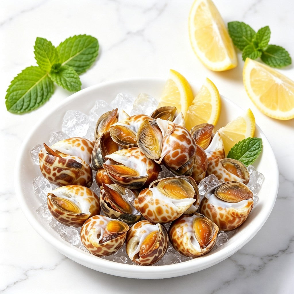Cooked sea snails in a white bowl on a marble surface