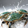 Live blue-green swimming crab on crushed ice with a splash of water