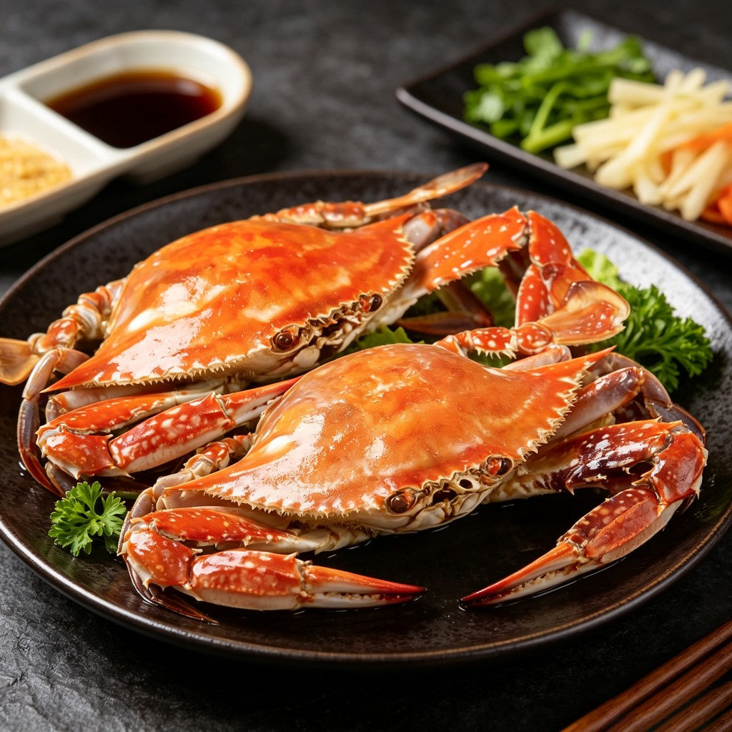 Cooked whole swimming crab plated with lemon and dipping sauce