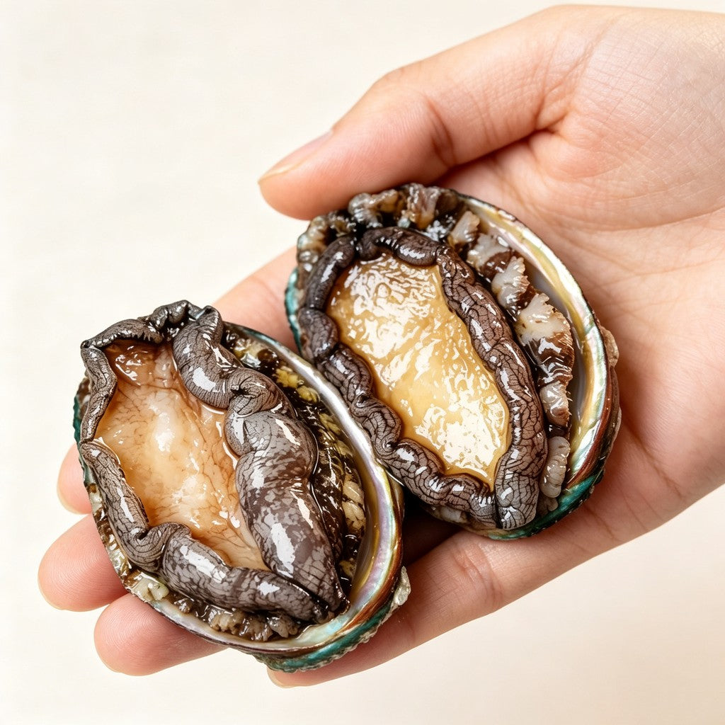 Hand holding two whole abalone showing their iridescent shells and thick meat