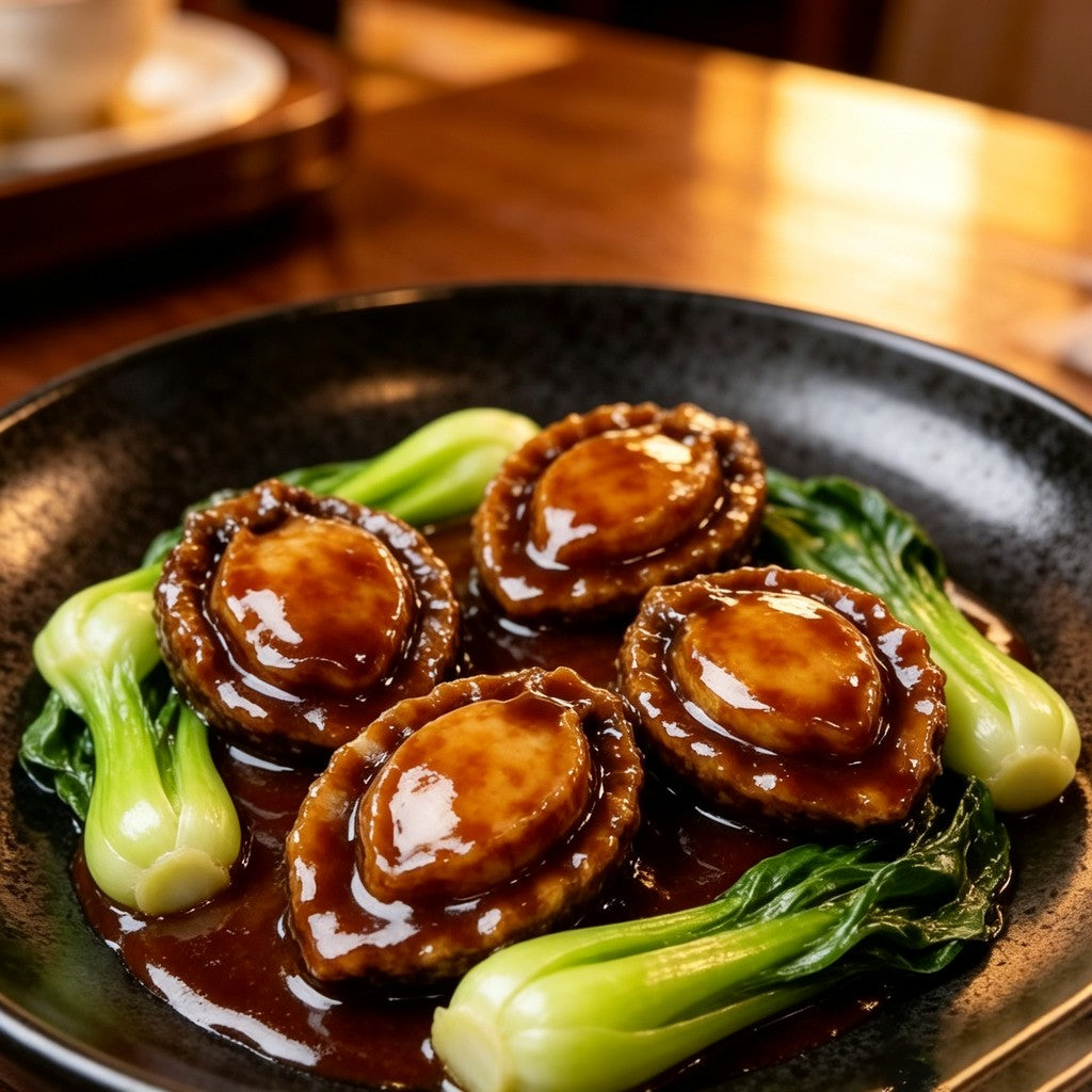 Braised abalone served with baby bok choy in a glossy savoury sauce