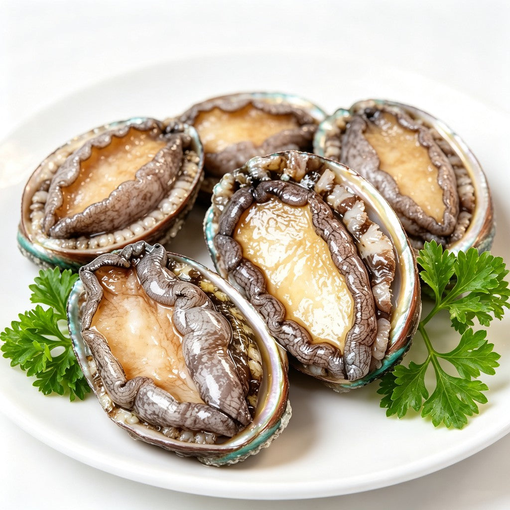 Whole abalone arranged on a white dish with fresh parsley